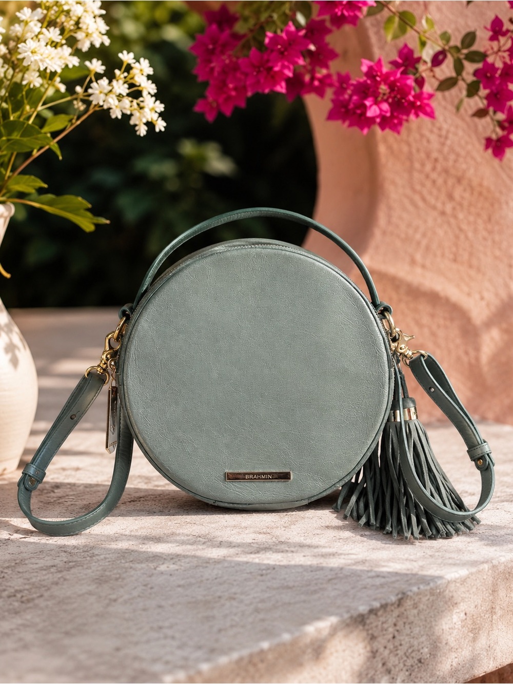 Brahmin Lane Circle Crossbody Bag Sage Green Leather Round Tassel Top Handle